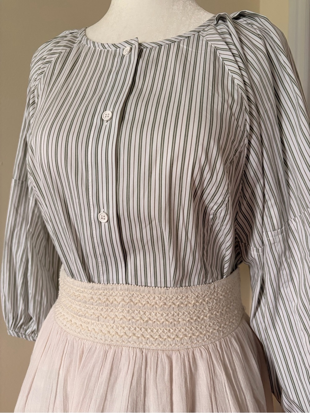 Striped Button Front Blouse in White and Olive